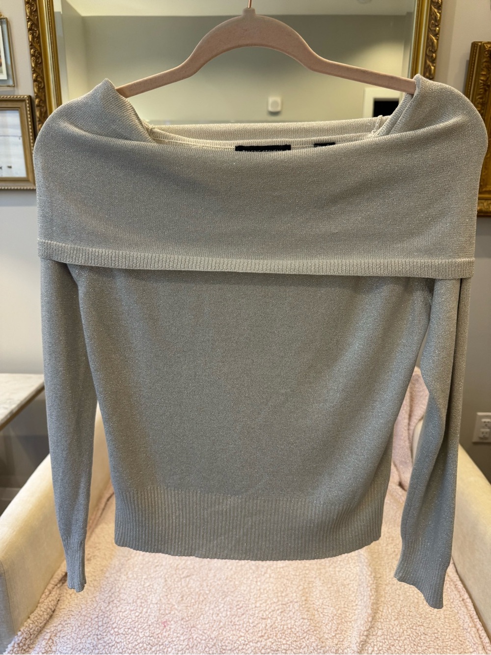 Vintage Valerie Stevens Off-the-Shoulder Metallic Silver Gray Sweater